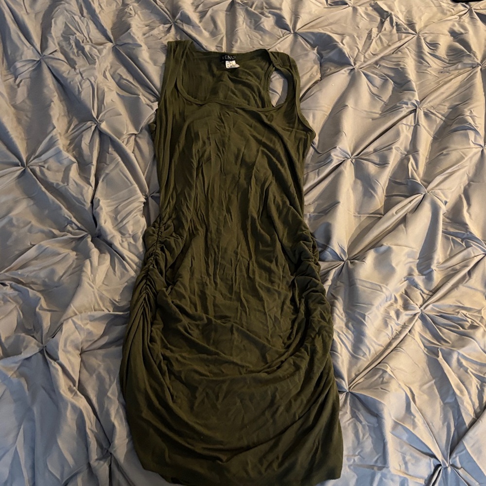 VENUS Olive Green Ruched Midi Dress